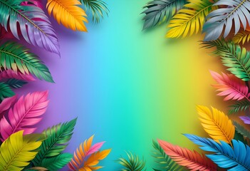 Vibrant Tropical Leaf Border with Rainbow Gradient Background – Exotic Botanical Design, Summer Theme, High-Resolution Digital Art
