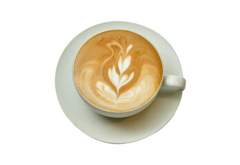 Latte with leaf-shaped latte art in a white cup and saucer on a black background — a tribute to coffee culture and barista craftsmanship.