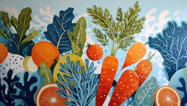 Vibrant mural of fruits and vegetables splashing in a light blue background - Powered by Adobe