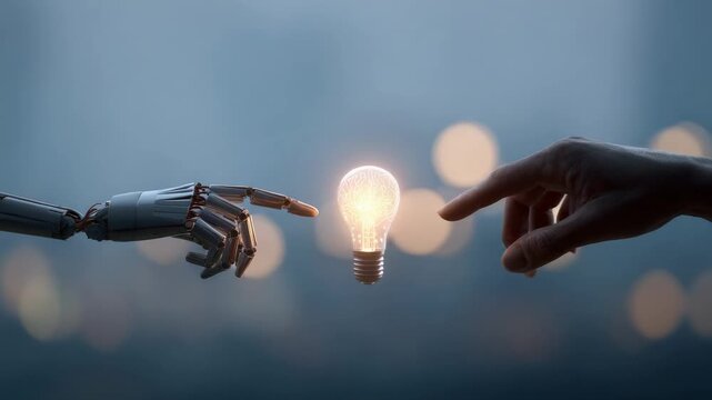 Robotic mechanical arm and human hand approaching glowing illuminated light bulb, representing collaborative interaction between artificial intelligence and human creativity