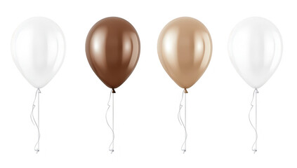 A group of four glossy balloons in varying colors including white. brown. and beige. floating against a clean white background. perfect for celebrations. parties. or decorative themes