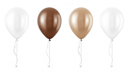 A group of four glossy balloons in varying colors including white. brown. and beige. floating against a clean white background. perfect for celebrations. parties. or decorative themes