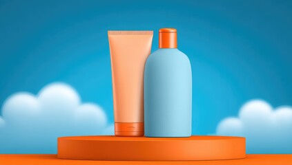 Two cosmetic products, a tube and a bottle, sit atop an orange pedestal against a backdrop of fluffy white clouds set against a vibrant blue sky.