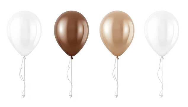 A group of four glossy balloons in varying colors including white. brown. and beige. floating against a clean white background. perfect for celebrations. parties. or decorative themes