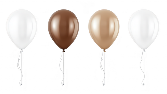 A group of four glossy balloons in varying colors including white. brown. and beige. floating against a clean white background. perfect for celebrations. parties. or decorative themes