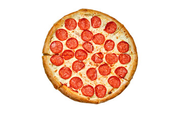 Whole pepperoni pizza with golden crust, melted cheese, and evenly spaced slices on a clean white background.