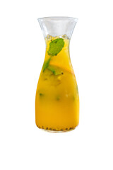 Tropical drink with passion fruit, ice, mint, and seeds in a glass pitcher — vibrant and refreshing with a fruity twist.