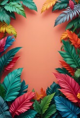 Tropical Leaf Frame with Vibrant Colors on Orange Background – Exotic Botanical Design, Summer Theme, High-Resolution Digital Art