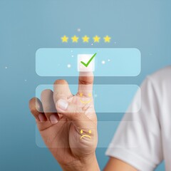 A human hand reaching in from the right side of the frame, interacting with three horizontal, translucent blue bars representing a satisfaction or feedback scale. The top bar features a glowing yellow