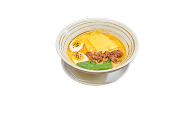 Ramen with cheese, beef, egg, and basil in creamy broth — a fusion-style dish with bold flavor and creative presentation.