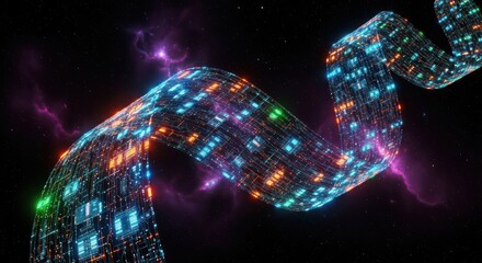 Wavy circuit board ribbon against a cosmic nebula backdrop, glowing with vibrant colors