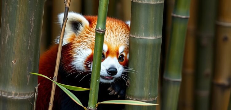 Adorable red panda peeking playfully from behind bamboo, red, hidden