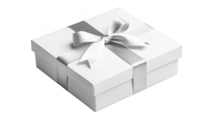 A beautifully wrapped white gift box with a satin ribbon. placed on a clean. minimalistic surface. suggesting a celebration or special occasion in a serene environment