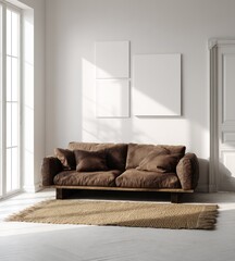 A stylish living room scene with a brown leather sofa, natural rug, and three blank canvases on a white wall.