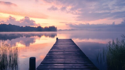 Obraz premium A wooden dock extends into a still lake at sunrise, with fog rolling in and a pink and orange sky reflecting in the water.