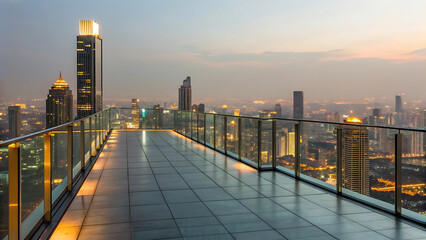 Obraz premium Panoramic rooftop view of a modern city skyline at dusk, showcasing illuminated skyscrapers and a sleek balcony railing, offering a breathtaking urban panorama