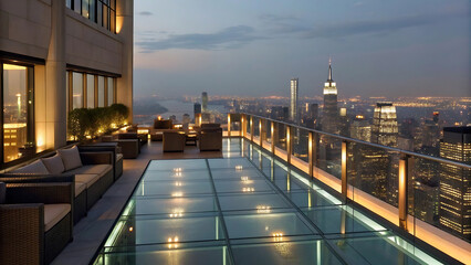 Fototapeta premium Exquisite rooftop terrace with modern glass flooring and comfortable lounge seating, offering an expansive, luminous panorama of a vibrant metropolis at twilight from a luxury high-rise