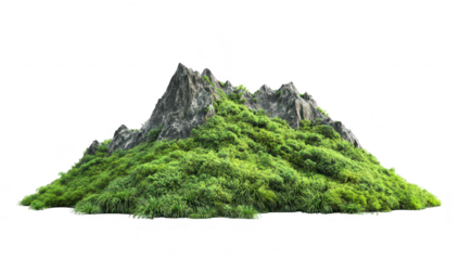 A lush. green mountain covered in vegetation rises majestically against a plain white background. evoking a sense of tranquility and natural beauty. ideal for nature-themed projects