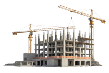 Construction site with two cranes lifting materials for a building under construction. background removed