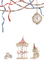 The Nutcracker. Watercolor hand-drawn template with toys, antique clocks, garlands and ribbons. Whimsical christmas card for design invitation, greeting card.