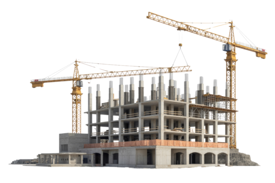 Construction site with two cranes lifting materials for a building under construction. background removed