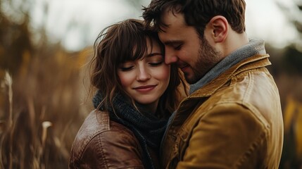 Naklejka premium A young couple in love embrace in an autumnal setting.