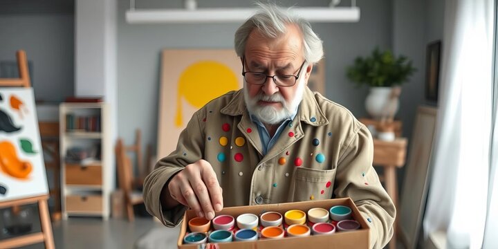 Elderly artist in paint-splattered coat selects paints from box in modern studio, work, hobby