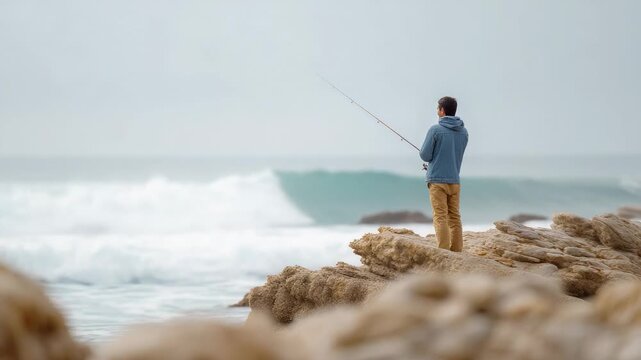Seasoned fisherman balancing on rocky coastline, patiently casting fishing line while powerful ocean waves crash against weathered shore with dramatic, wild energy