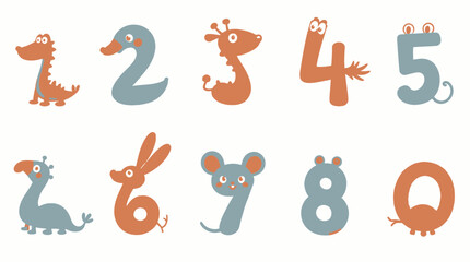 A whimsical vector illustration presents the numbers one through zero, each creatively designed as a different animal, perfect for educational materials and children's designs.