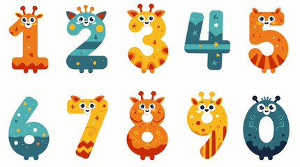 A vibrant vector illustration showcases a collection of whimsical number characters, each adorned with playful giraffe-inspired designs, perfect for educational materials and children's projects.