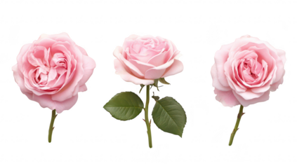 A serene composition of three beautiful pink roses arranged elegantly on a clean white background. their delicate petals and green leaves. perfect for floral-themed design projects