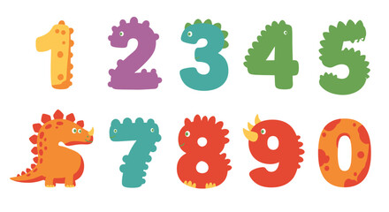 A vibrant collection of playful cartoon dinosaur numbers from zero to nine, featuring cute textures and bright colors, perfect for children's learning and design.