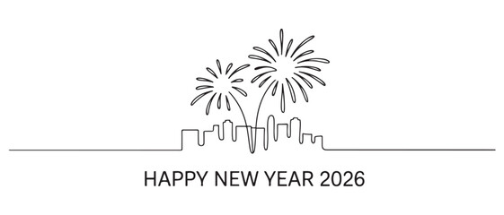 continuous line happy new year 2026.decorative one line drawing new year 2026. one line Icon drawing with white background