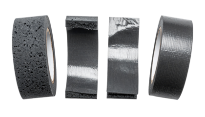 Four rolls of gray tape, each with a different texture.  The tape rolls are presented side-by-side, showing cross-sections of the adhesive layers