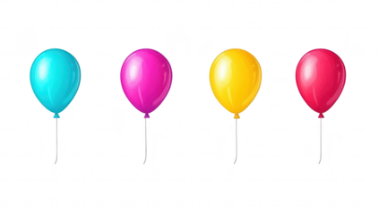 A collection of four colorful balloons in blue. pink. yellow. and red. arranged in a row against a clean white background. perfect for festive celebrations or party decorations