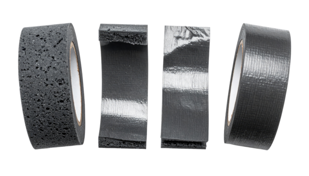 Four rolls of gray tape, each with a different texture.  The tape rolls are presented side-by-side, showing cross-sections of the adhesive layers