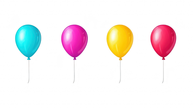 A collection of four colorful balloons in blue. pink. yellow. and red. arranged in a row against a clean white background. perfect for festive celebrations or party decorations