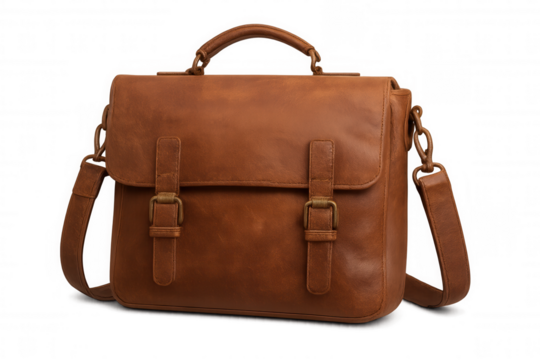 Brown leather briefcase messenger bag with shoulder strap and buckles for business or travel on transparent background