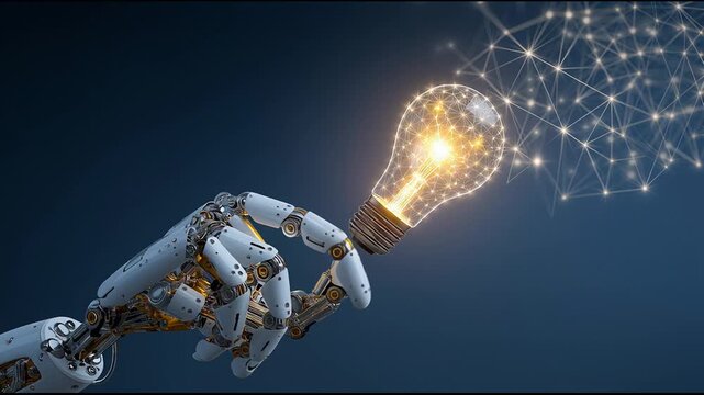 Robotic hand gracefully holds glowing light bulb, illuminating innovative ideas, showcasing technology's potential in a futuristic digital environment with interconnected elements