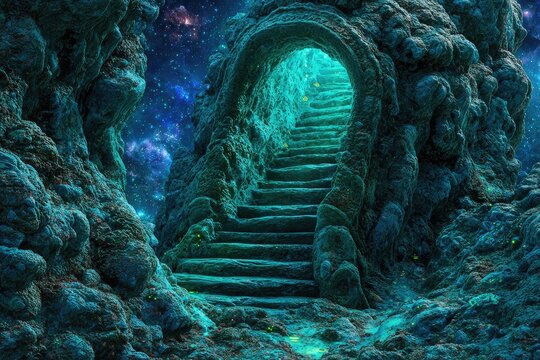 Cosmic turquoise steps lead to an arched doorway in otherworldly rock formations