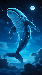 Obraz premium A majestic blue whale leaps through a starry night sky, illuminated by moonlight and surrounded by clouds.
