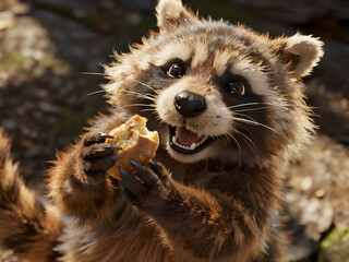Adorable raccoon with big eyes holding food and smiling with a cheerful expression. Perfect for children’s illustration, viral content, animal character design, greeting cards, and fantasy storytellin