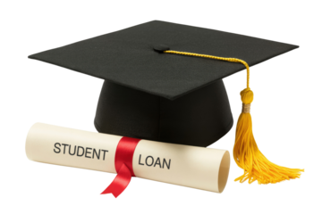 Graduation cap and diploma with 'Student Loan' written on it, symbolizing higher education financing. background removed