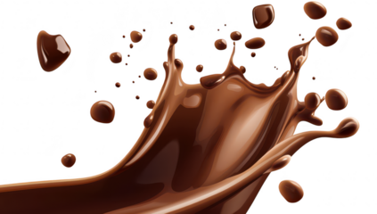 A dynamic splash of rich chocolate liquid with droplets suspended in the air. set against a clean white background. perfect for culinary or dessert-themed projects