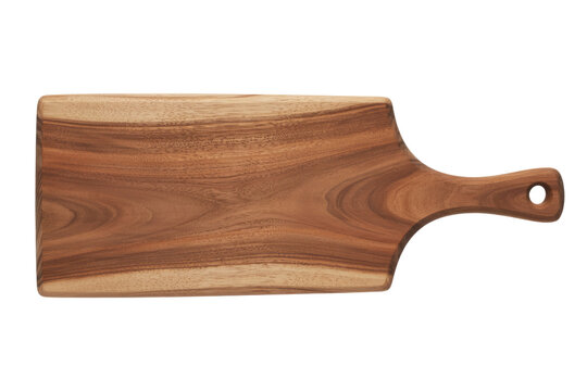 A rectangular wooden cutting board with a handle, isolated on a transparent background. background removed