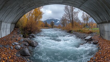 Autumnal river flowing under a concrete arch
