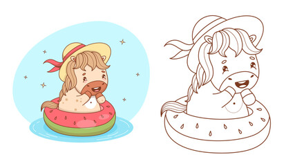Summer Lucky Animal Horse In Hat On Inflatable Watermelon Ring set. Outline Line and Color drawing, Coloring book. Isolated Funny kawaii Pony character vacation. Vector illustration. Not AI