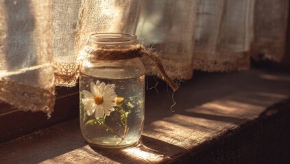 Sunlit windowsill, glass jar with chamomile