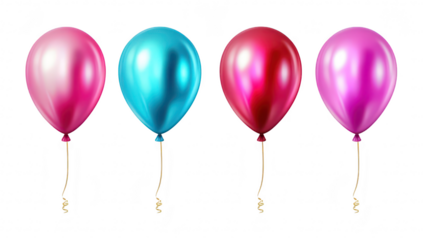 A arrangement of four glossy balloons in pink. blue. red. and purple colors. floating against a clean white background. ideal for festive occasions and celebrations