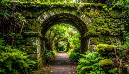 Obraz premium Scenic arched pathway with vibrant green foliage and moss-covered stone structure creating a mystical garden ambiance
